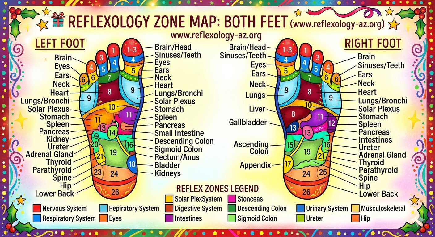 Reflexology zone map showing reflex points of both feet